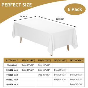 Fixwal 6 Pack White Table Cloth for Rectangle Table, 70 x 120 Inch Polyester Fabric Tablecloths Rectangular, Table Covers 6-8ft for Party, Banquet, Dining, Wedding, Graduation