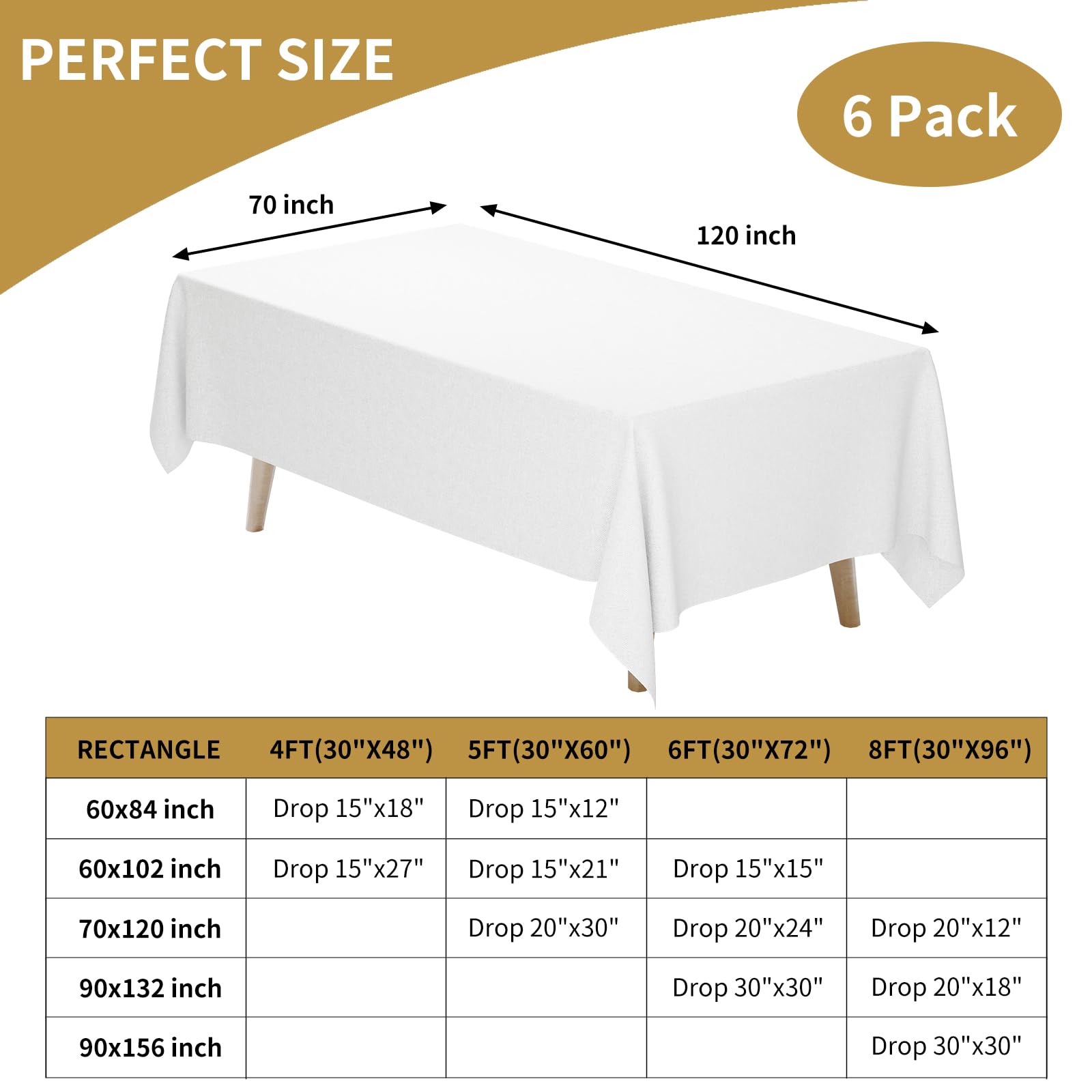 Fixwal 6 Pack White Table Cloth for Rectangle Table, 70 x 120 Inch Polyester Fabric Tablecloths Rectangular, Table Covers 6-8ft for Party, Banquet, Dining, Wedding, Graduation