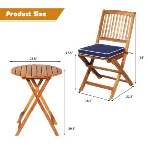 S AFSTAR Outdoor Bistro Table and Chairs Set of 2, Acacia Wood Folding Bistro Table Chairs Set W/Round Coffee Table & Padded Cushion, Small Bistro Table Set for 2 Outdoor Porch Patio Poolside (Navy)