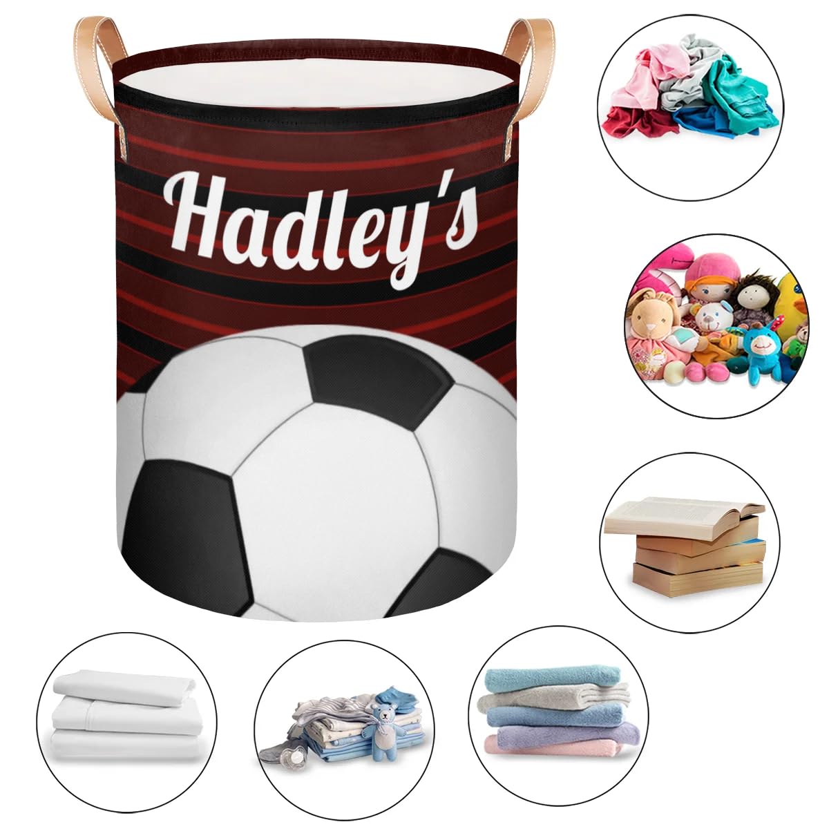 Custom Laundry Basket for Family, Personalzied Laundry Hamper with Name Waterproof Handles, Dirty Clothes Hamper with Text for Bedroom - Red Soccer