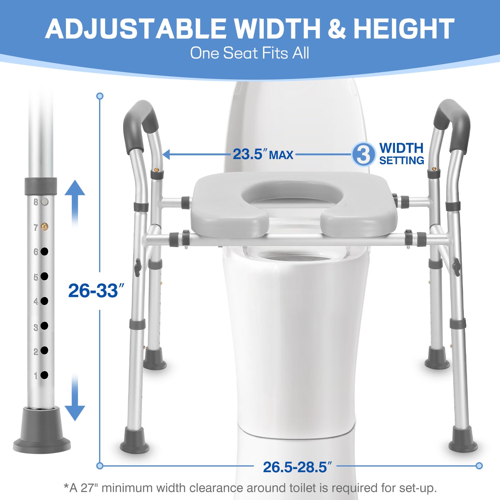 Raised Toilet Seat with Handles, Heavy Duty 500lb Toilet Seat Risers for Seniors, Extra Support Bars for Soft Padded Seat, Adjustable Width & Height Toilet Seat Riser for Disabled-Gray