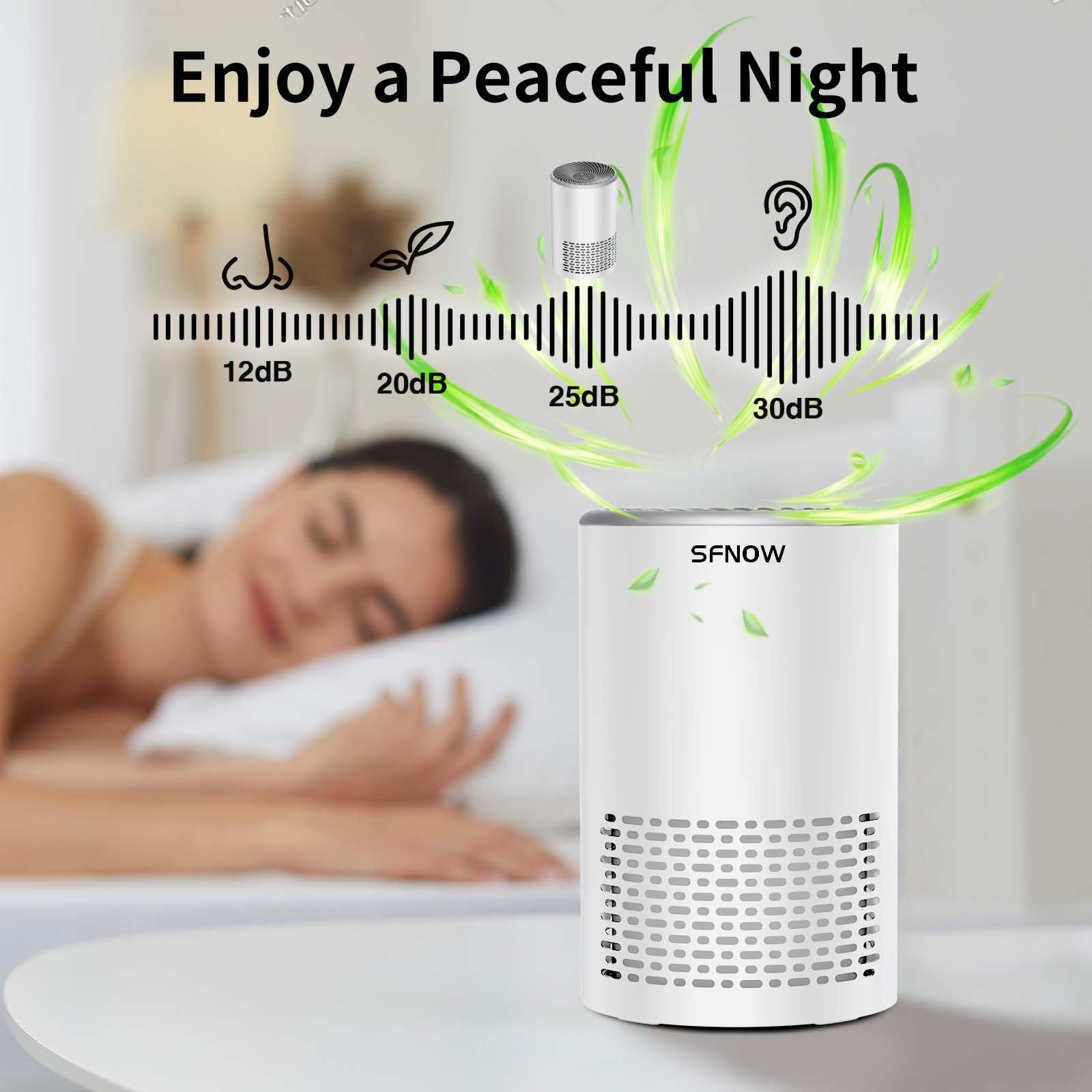 SFNOW Air Purifiers For Bedroom - Portable Air Purifier Covers Up to 215 ft² Remove Smoke Pollen Dander Hair Smell, with Sleep Mode Speed Control For Home Office Living Room Drom, SAP200C, White