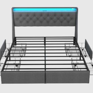 SADENICEL Full Size Bed Frame with Storage Headboard and 4 Drawer, Metal Full Bed Frame Platform with LED Light, Charging Station, No Box Spring Needed, Noise Free, Easy Assembly, Grey