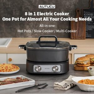 AUTUCU Hot Pot Electric 6.5 Quart | 8-in-1 Multi-Cooker with Safe Nonstick Coating, Three Level Power | Timer, up to 60 Minutes