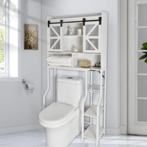 CHANFOK Over The Toilet Storage Cabinet, Storage Cabinet Over Toilet with 2 Barn Door and Toilet Paper Holder Stand,RGB Light Strip,Home Space-Saving Toilet Rack, for Bathroom, Restroom, Laundry