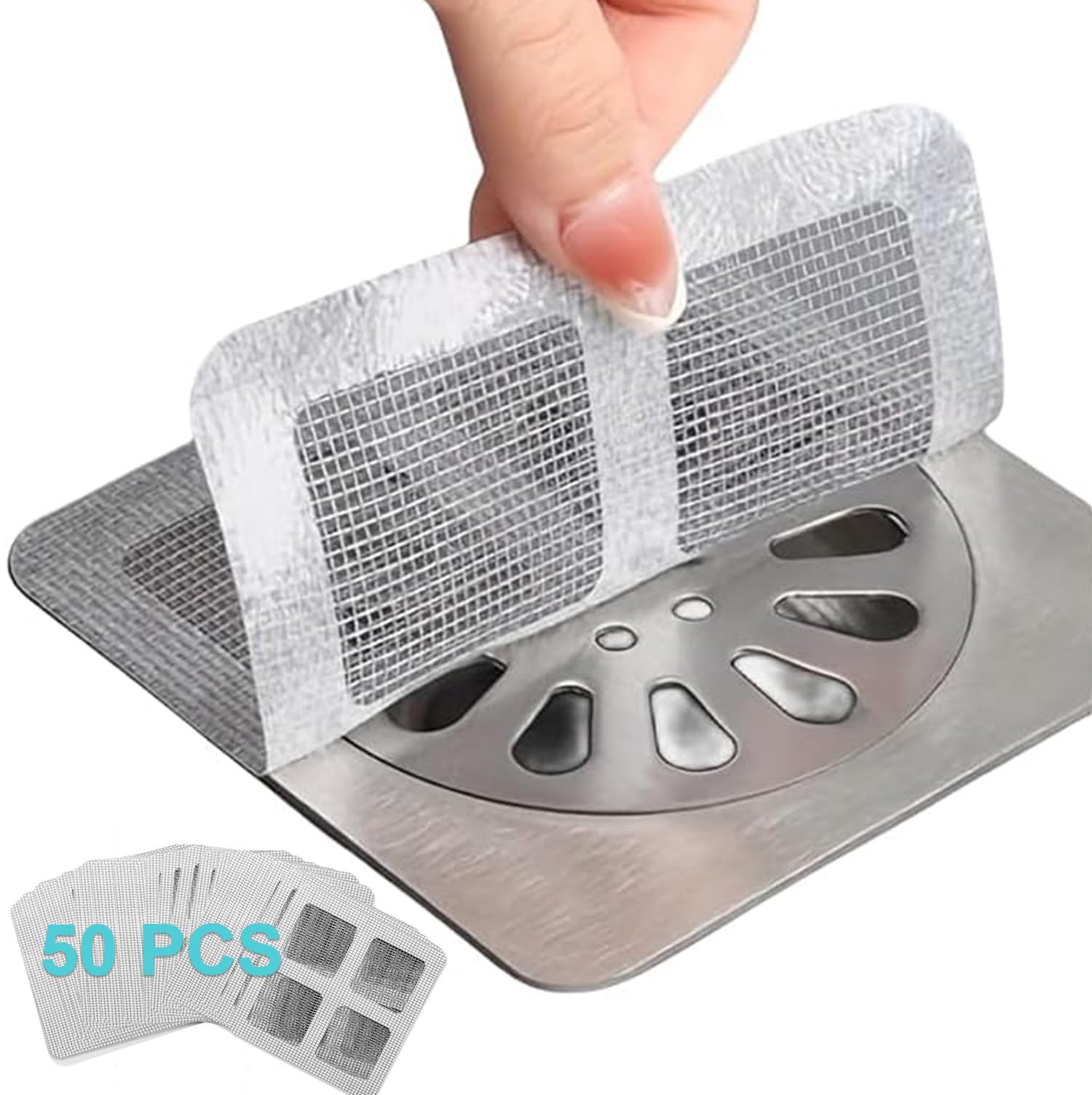 Shower Drain Hair Catcher Disposable 50 Pack，4" X 4" Shower Drain Cover Mesh Stickers Easy to Install and Clean Suit for Bathtub, Bathroom, Kitchen and Laundry