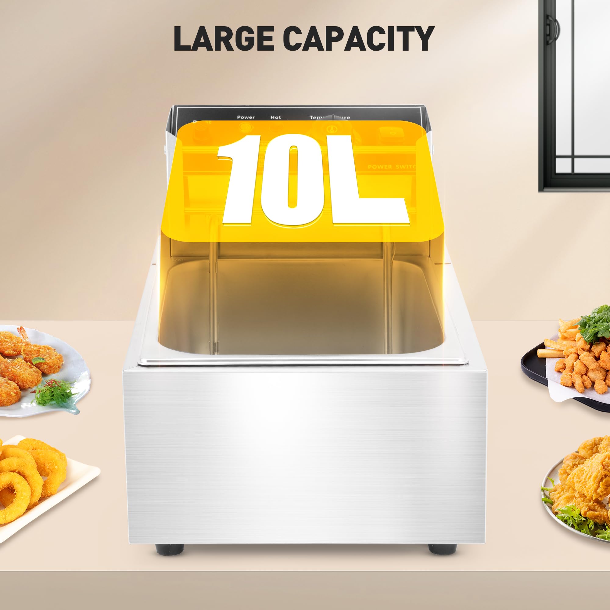 Rengue Electric Deep Fryer, 10L Large Countertop Deep Fryer with Basket, Lid, Commercial Deep Fryer with Constant Temperature Control System 110V, 1800W