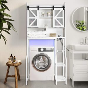 chanfok over the toilet storage cabinet, storage cabinet over toilet with 2 barn door and toilet paper holder stand,rgb light strip,home space-saving toilet rack, for bathroom, restroom, laundry