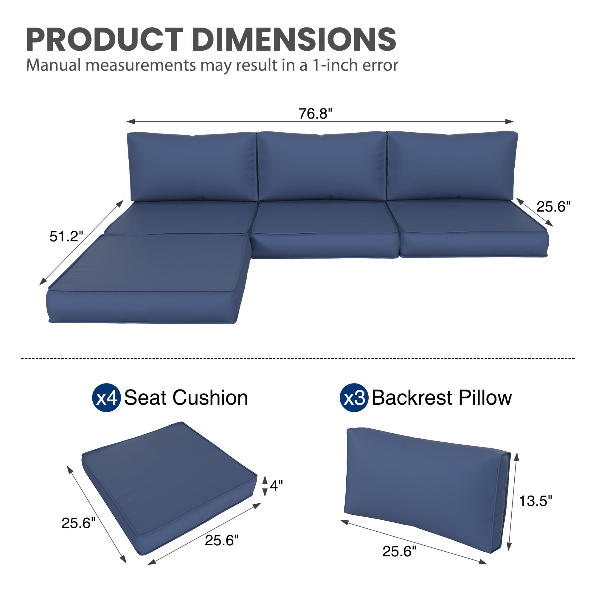 UDPATIO Outdoor Cushions for Patio Furniture, 7-Piece Replacement Cushions for Outdoor Furniture, Patio Sectional Cushions Outdoor Couch Cushions for 4-seat Patio Conversation Sets (Navy Blue)