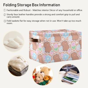 ZENWAWA Collapsible Fabric Storage Cube Adorable Capybara Print, Large Foldable Open Organizer Bins Baskets with PU Handles 1 Pack