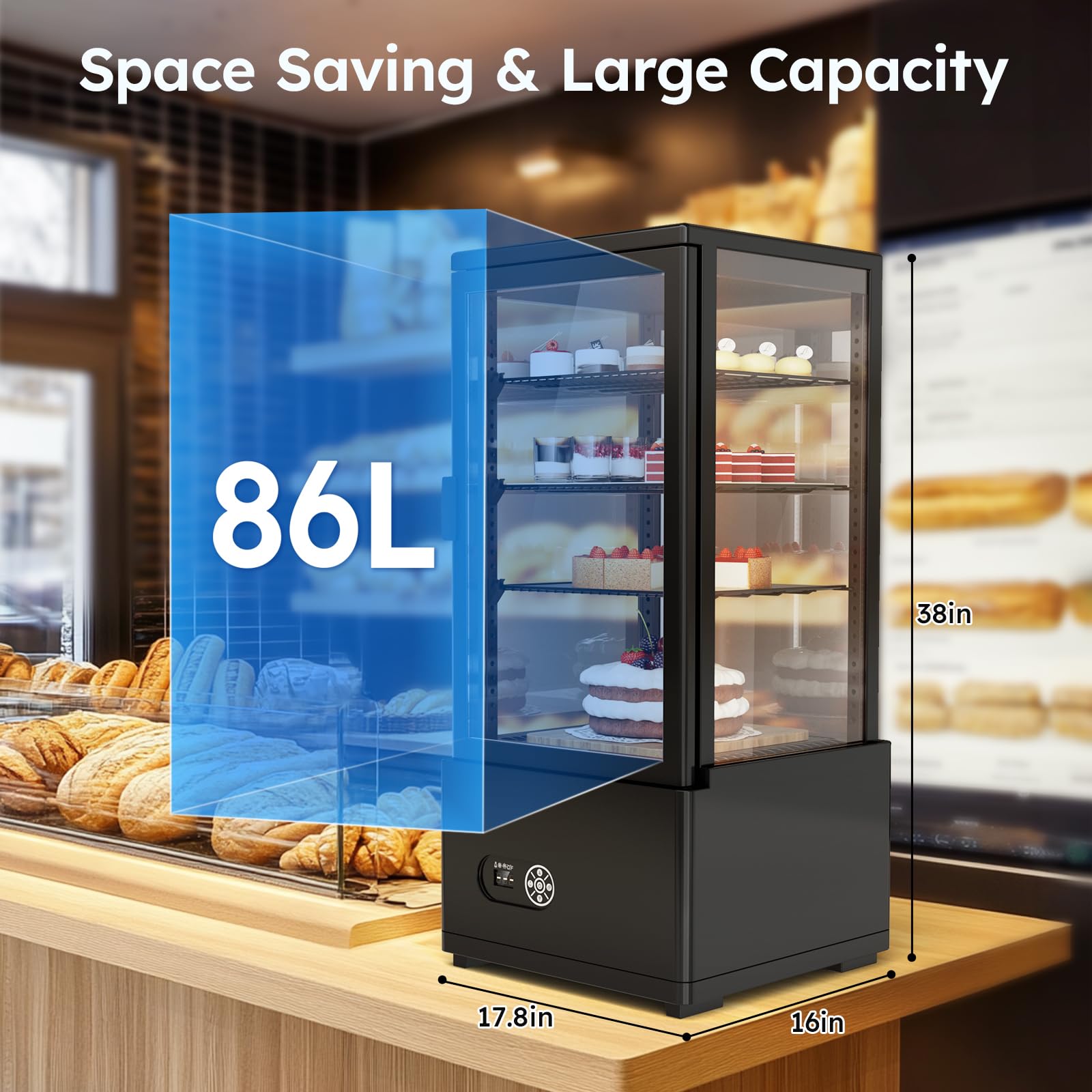 Commercial Display Cake Refrigerator, 3Cu. FT (86 L) Commercial Refrigerator Display Case, Double-Layered Glass Display Cake Fridge with Interior LED Lighting, Ideal for Home, Store and Cafe, Bakery