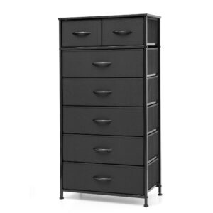 pellebant dresser for bedroom with 7 drawers, tall dresser vertical storage tower, sturdy metal frame, fabric storage bins with plastic handle, wooden top, organizer unit for closet/hallway, black