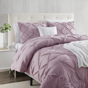 Clara Clark Dusty Purple Duvet Cover Queen Size - Pintuck Queen Duvet Cover Set, 3 Piece Double Brushed Duvet Covers with Button Closure, 1 Pinch Pleated Duvet Cover 90x90 inches and 2 Pillow Shams