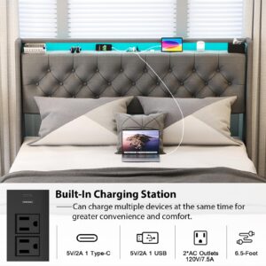 Doltoro Full Size Bed Frame with 4 Storage Drawers and Upholstered Headboard, Button Tufted Platform Bed with LED Lights and Charging Station, No Box Spring Needed, Easy Assembly, Gray