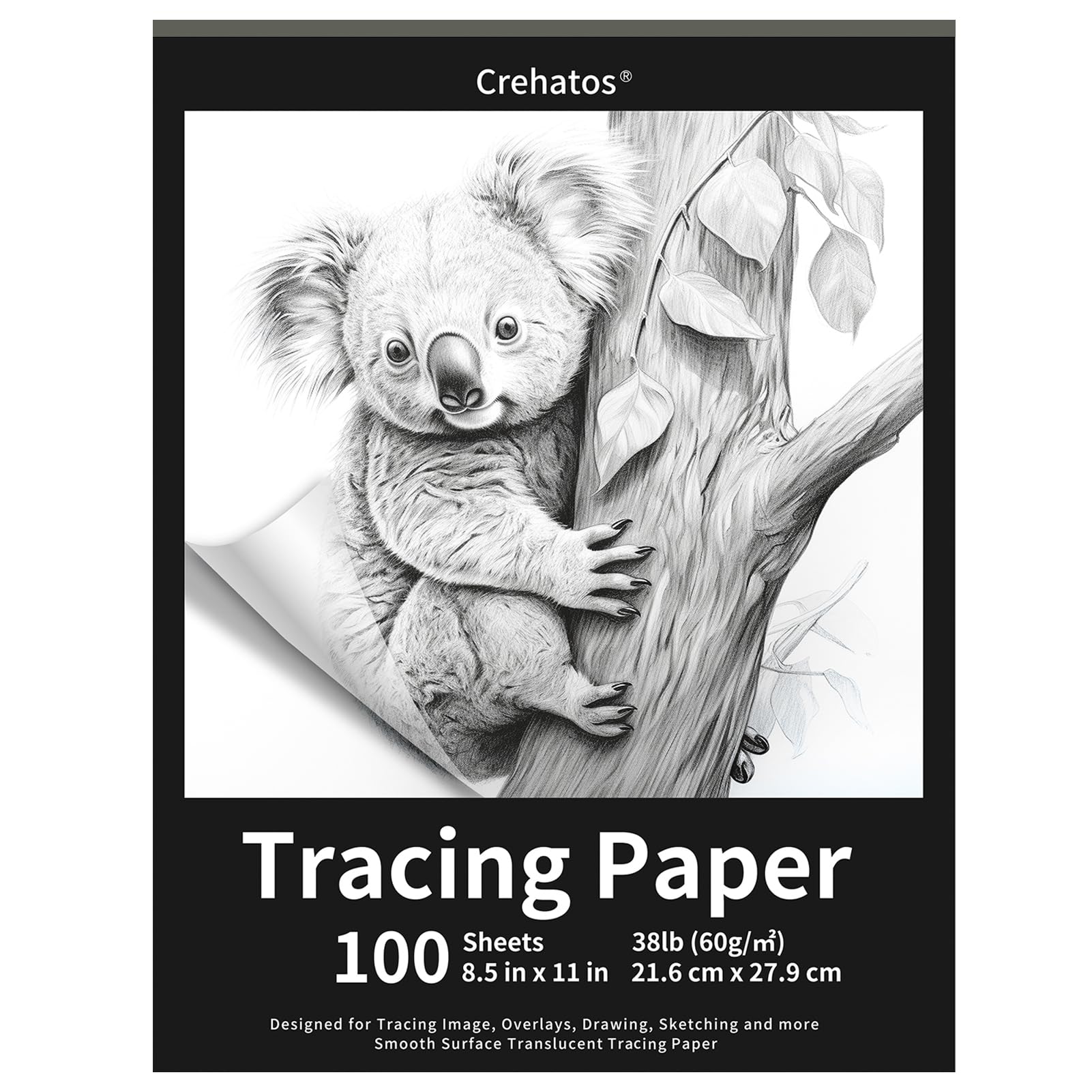 Crehatos 8.5" x 11" Tracing Paper, Translucent Tracing Pad, 100 Sheets 38lb/60gsm Vellum Art Paper