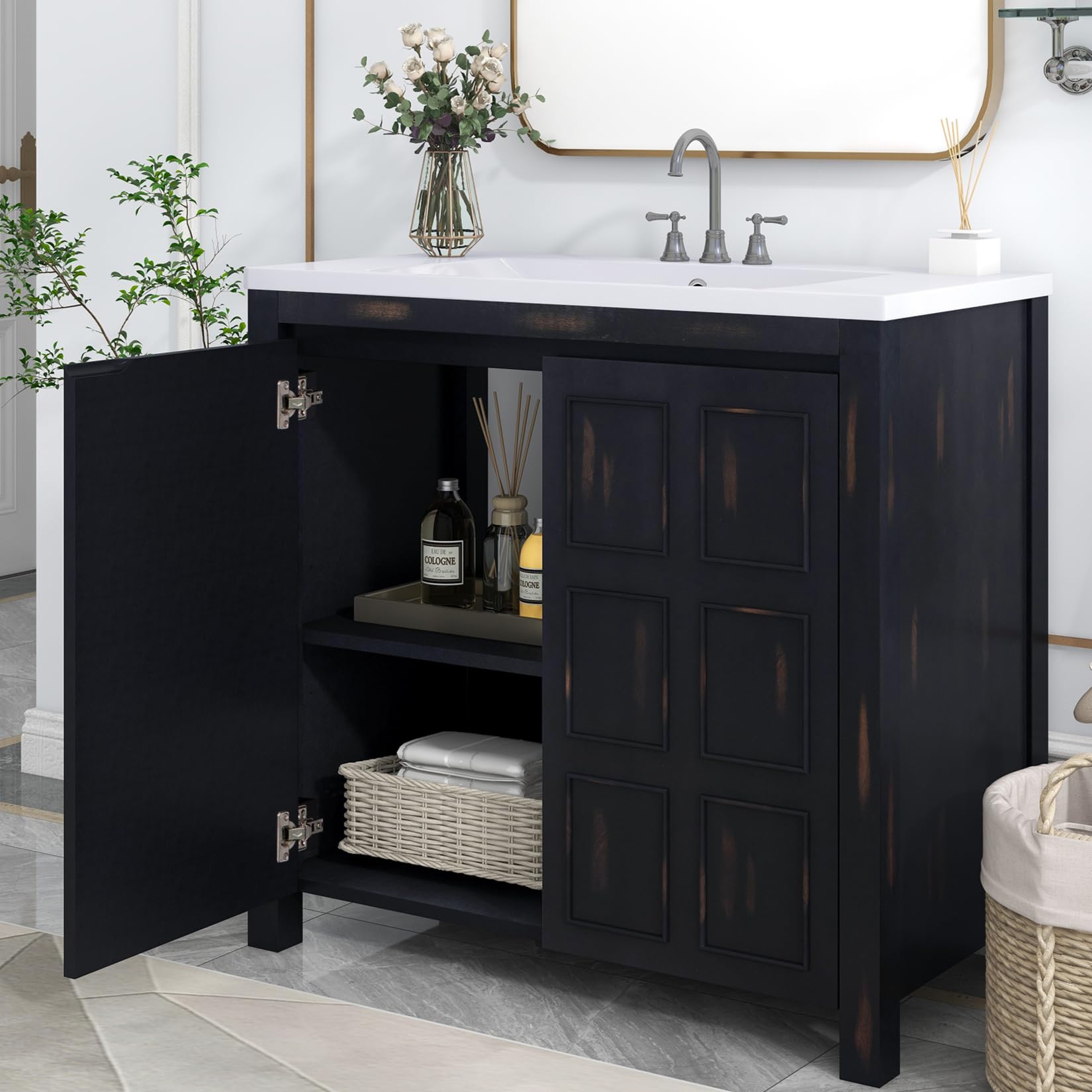 36 in Bathroom Vanity with Sink, 2 Doors and Adjustable Shelf, Wood Bathroom Sink Cabinet,Modern Freestanding Black Bathroom Vanities with Sink Combo