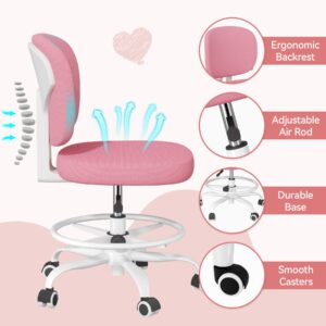 Nebuaegis Kids Desk Chair with Footrest, Swivel Height Adjustable Child Study Chair, Mesh Fabric Upholstered Office Chair with Wheels, Task Student Chair for Boy Girl in Bedroom Reading Room,Pink