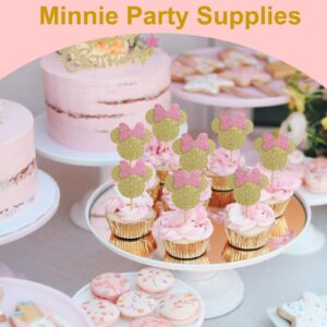 Wolpark 25Pcs Mouse Inspired Cupcake Toppers with Pink Bow Glitter Gold Mouse Cupcake Picks Happy Birthday Cake Topper with Star Mouse Birthday Decorations Party Supplies Wedding Baby Shower