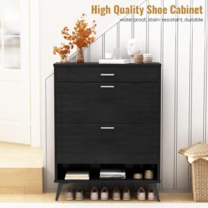 Lamerge Shoe Storage Cabinet for Entryway, Free Standing Shoe Organizer with 2 Flip Drawers，Hidden Shoe Rack Storage Organizer for Doorway Hallway, Black