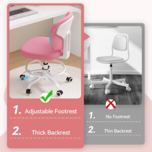 Nebuaegis Kids Desk Chair with Footrest, Swivel Height Adjustable Child Study Chair, Mesh Fabric Upholstered Office Chair with Wheels, Task Student Chair for Boy Girl in Bedroom Reading Room,Pink