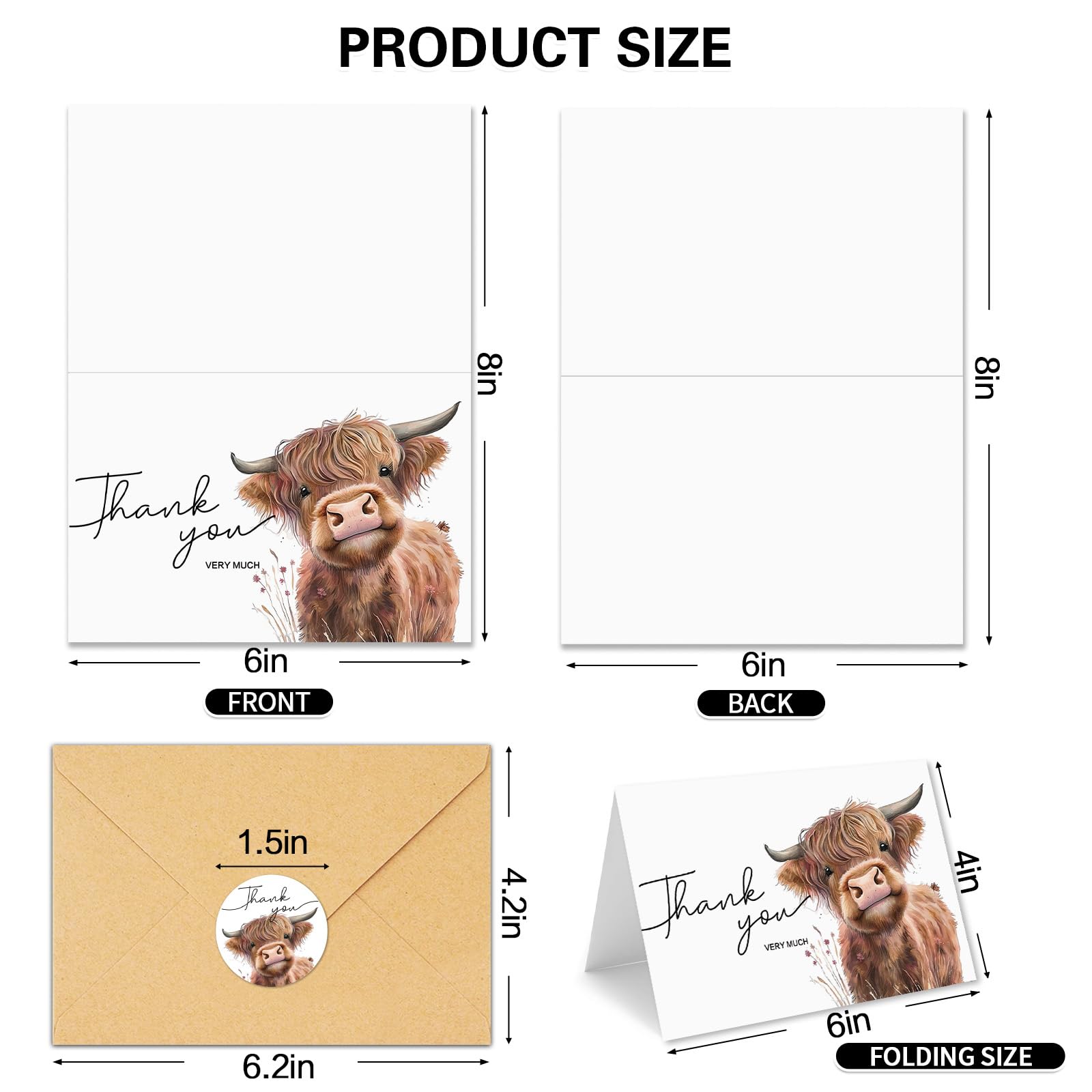 HiABNRT 50 Pack Highland Cow Thank You Cards with Envelopes, 4x6 In Farm Design Greeting Cards Sympathy Cards Bulk for Wedding, Baby & Bridal Shower- with Stickers