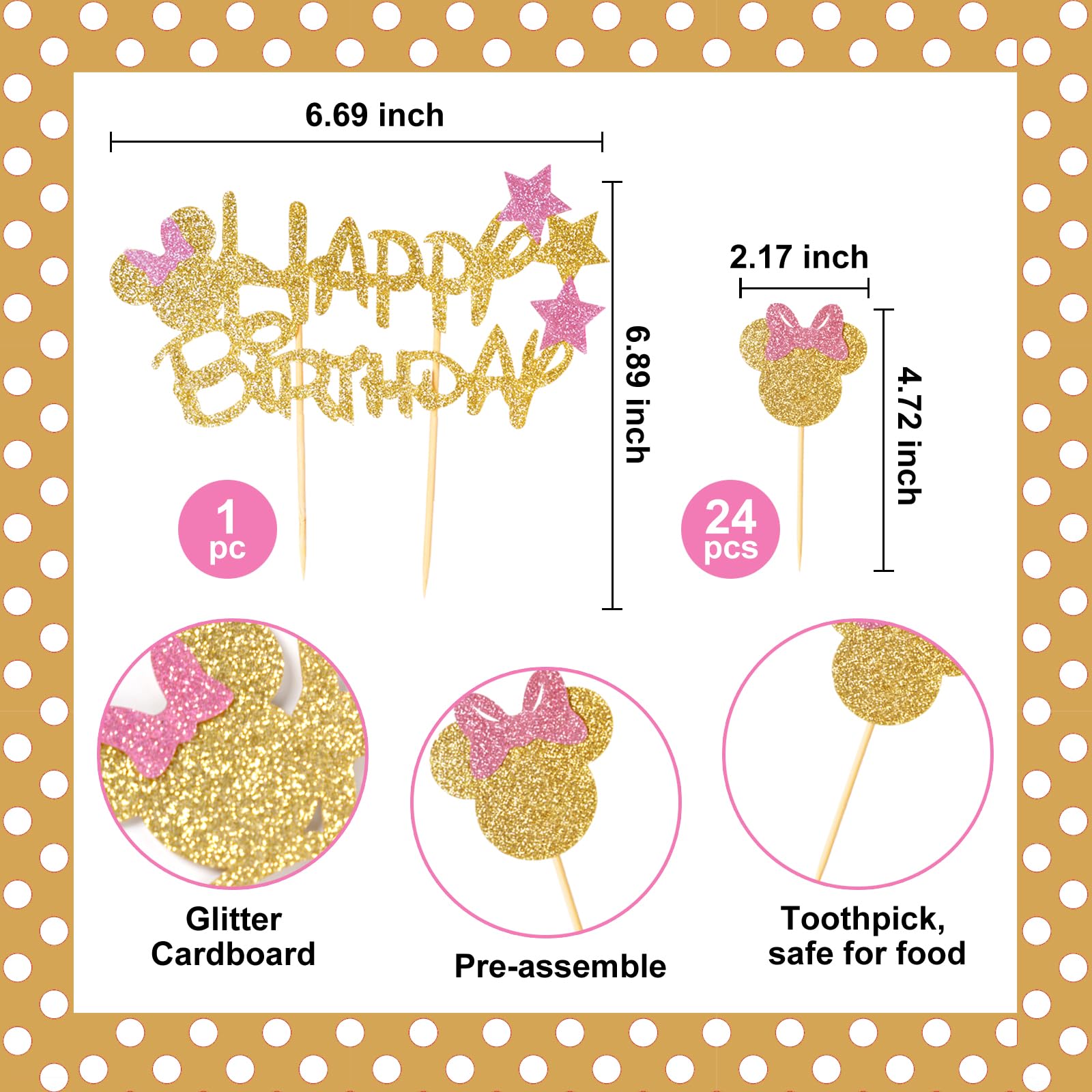 Wolpark 25Pcs Mouse Inspired Cupcake Toppers with Pink Bow Glitter Gold Mouse Cupcake Picks Happy Birthday Cake Topper with Star Mouse Birthday Decorations Party Supplies Wedding Baby Shower