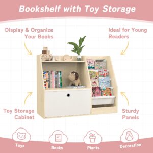 TOETOL Kids Bookshelf & Book Storage，4 Sling Wooden Toddler Book Shelf，2-Tier Wooden Open Bookcase & Storage Organizer Boxes for Nursery, Playroom, Bedroom