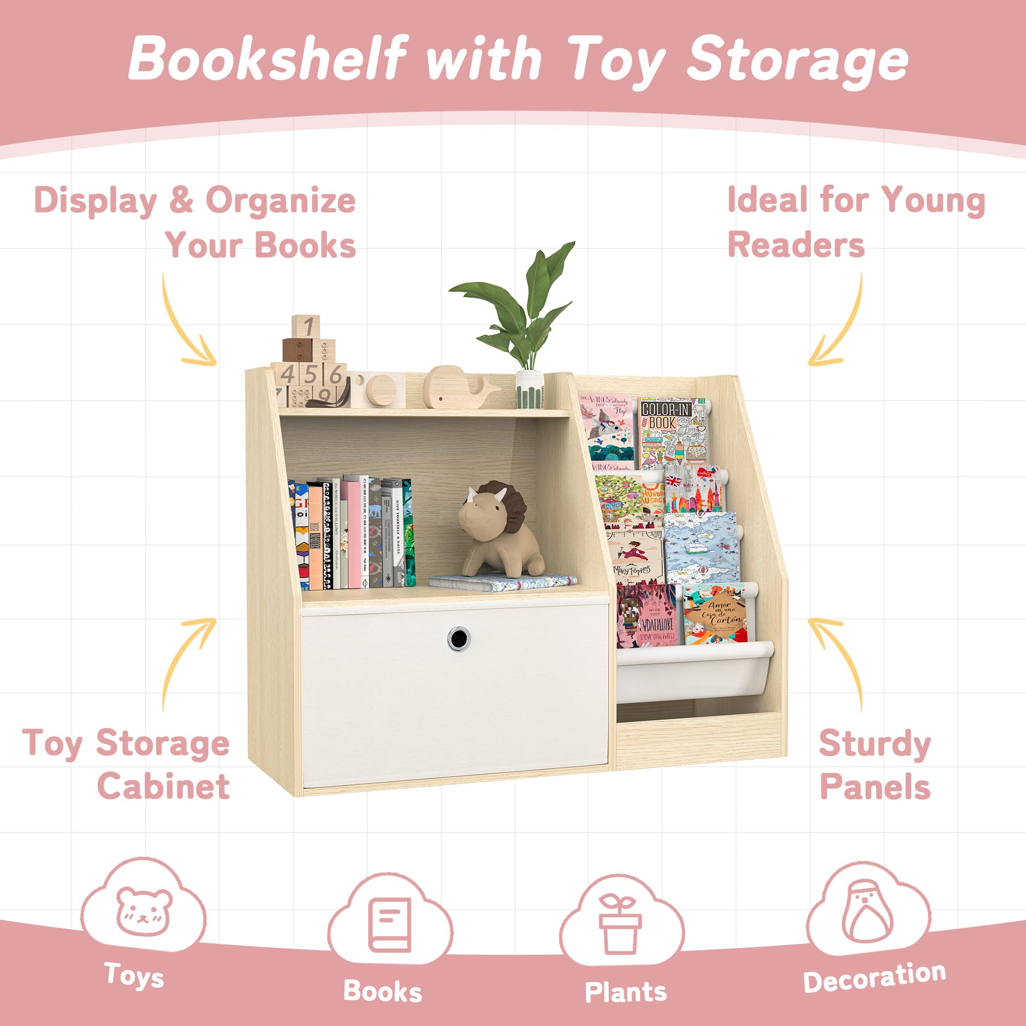 TOETOL Kids Bookshelf & Book Storage，4 Sling Wooden Toddler Book Shelf，2-Tier Wooden Open Bookcase & Storage Organizer Boxes for Nursery, Playroom, Bedroom