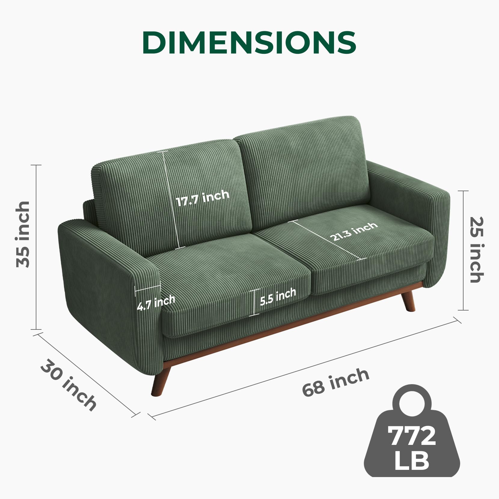 Vesgantti 68" Loveseat Sofa Green, Comfy Corduroy Couch with Spring Cushion, Sofa Couch with Solid Wood, Modern Couch with Deep Seat, Sofa for Bedroom, Loveseat for Living Room, Green Office Couch