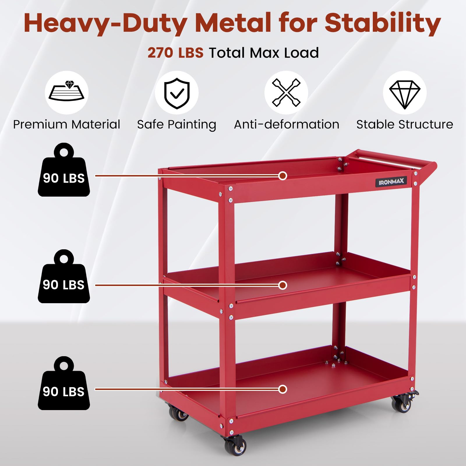 IRONMAX 3 Tier Utility Cart, Heavy Duty Steel Push Service Cart with Lockable 360 Degree Casters, 3 Shelf Tool Cart on Wheels for Garage Office Workshop Warehouse Kitchen (Red)