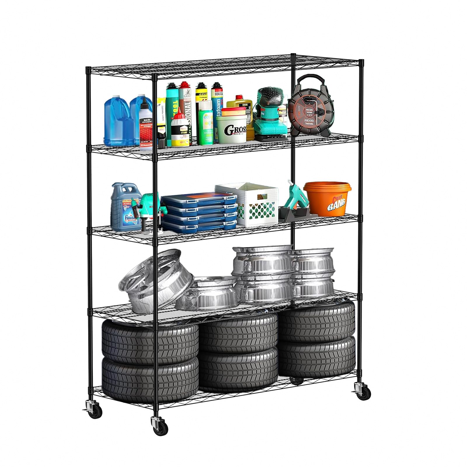 RenwDong 5-Tier Metal Wire Shelving Unit with Wheels, 60" L×24" W×72" H Heavy-duty Adjustable Shelving and Storage racks, for Commercial, School, Home, Garage, Warehouse, Industrial(black)