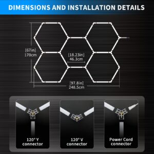 Ludapp Hexagon Garage Lights Ceiling led, 5 HEX Grid Systems Honeycomb Lights, 6500K Cooler Light for hex Lights, Aluminum Hexagonal Shop Lights for Garage, Shop, Gym