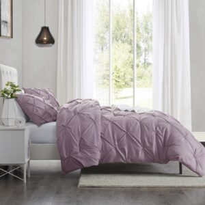 Clara Clark Dusty Purple Duvet Cover Queen Size - Pintuck Queen Duvet Cover Set, 3 Piece Double Brushed Duvet Covers with Button Closure, 1 Pinch Pleated Duvet Cover 90x90 inches and 2 Pillow Shams