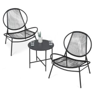 athena collection 3-piece patio conversation set, all-weather rattan acapulco chair and round table set bistro set indoor outdoor seating furniture set for balcony, pool, garden, backyard, black