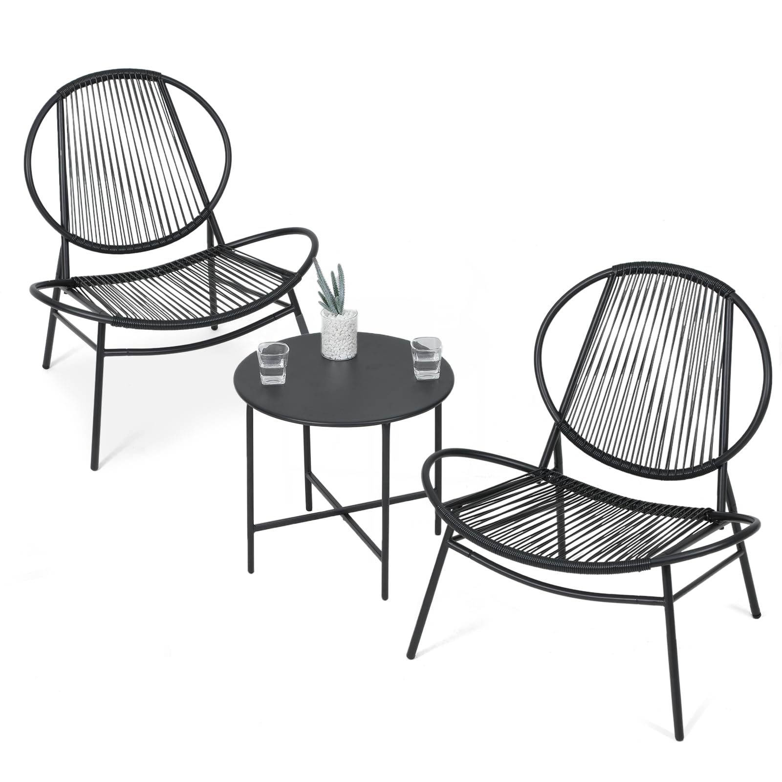 Athena Collection 3-Piece Patio Conversation Set, All-Weather Rattan Acapulco Chair and Round Table Set Bistro Set Indoor Outdoor Seating Furniture Set for Balcony, Pool, Garden, Backyard, Black