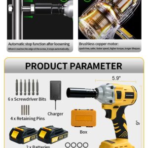 SKOVENSY Cordless Impact Wrench 258Ft-lb（350N.m）, 1/2 Impact Gun, 2 Batteries, Pistola de Impacto, with 5 Sockets, Electric Impact Driver for Car Tires and Home YELLOW