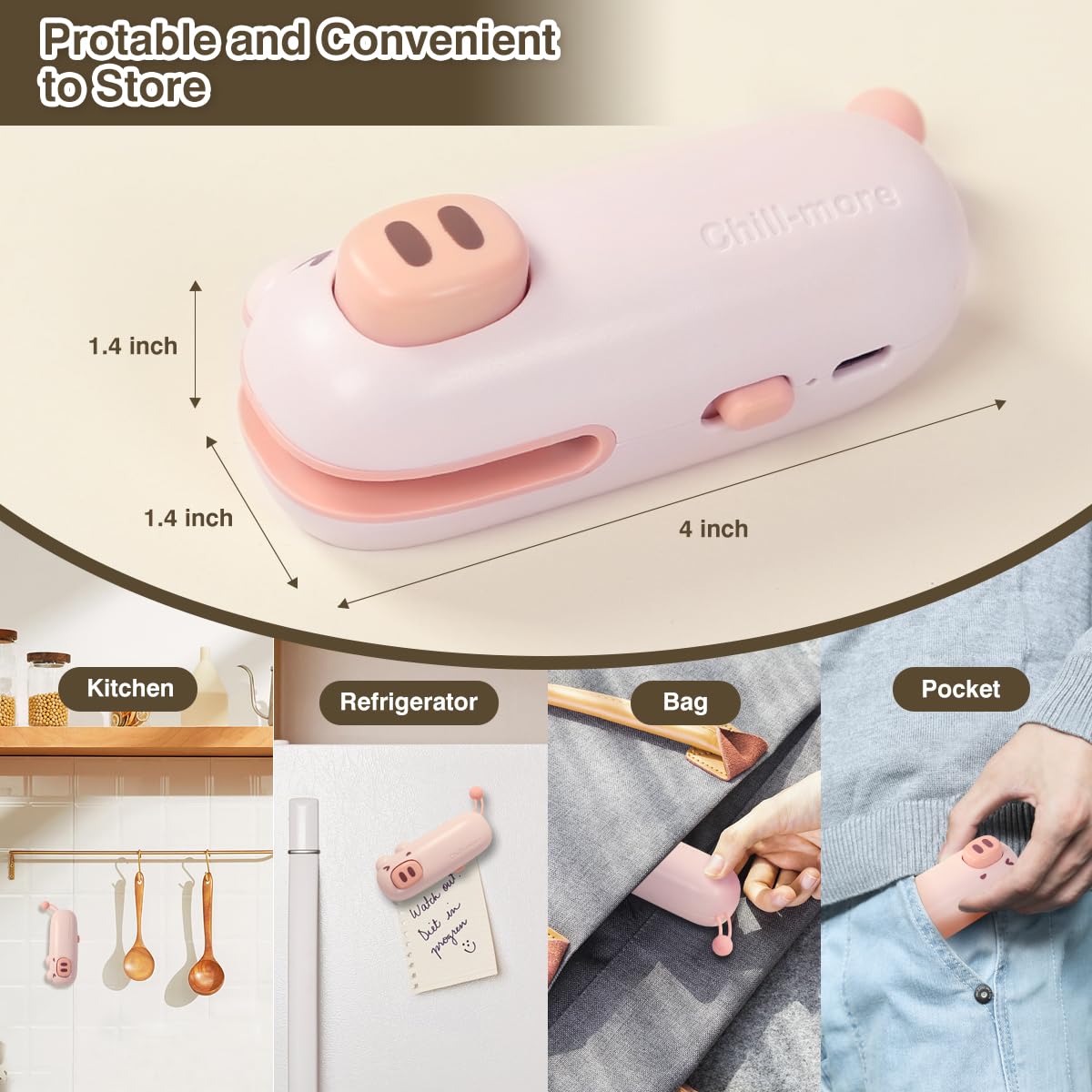 Mini Bag Sealer, USB-C Rechargeable Bag Sealer, Cute Little Pig Heat Seal, Gently Pull to Quickly Seal, Convenient for Storing Snacks, Fruits, Food, and Daily Necessities, Beautiful Kitchen Gadgets