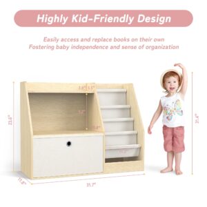 TOETOL Kids Bookshelf & Book Storage，4 Sling Wooden Toddler Book Shelf，2-Tier Wooden Open Bookcase & Storage Organizer Boxes for Nursery, Playroom, Bedroom