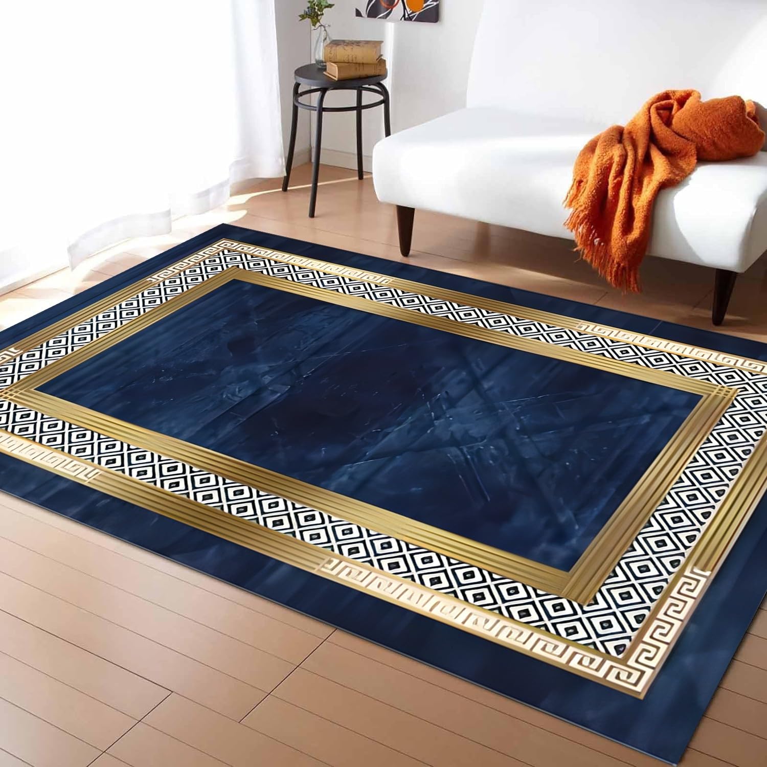 USHIRUG Premium Indoor Area Rug, 3x4ft, Contemporary Simple Geometric and Gold Border Design Navy Blue Rug, Non-Slip Non-Shedding Rug, Comfortable and Casual Living Room Bedroom Soft Rug