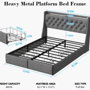 Doltoro Full Size Bed Frame with 4 Storage Drawers and Upholstered Headboard, Button Tufted Platform Bed with LED Lights and Charging Station, No Box Spring Needed, Easy Assembly, Gray