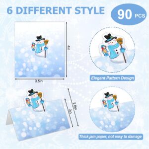 Whaline 90Pcs Christmas Place Cards 2 x 3.5 Inch Blue Purple Snowman Snowflake Tent Name Cards Blank Seat Assignment Labels for Winter Xmas Party Table Setting Supplies