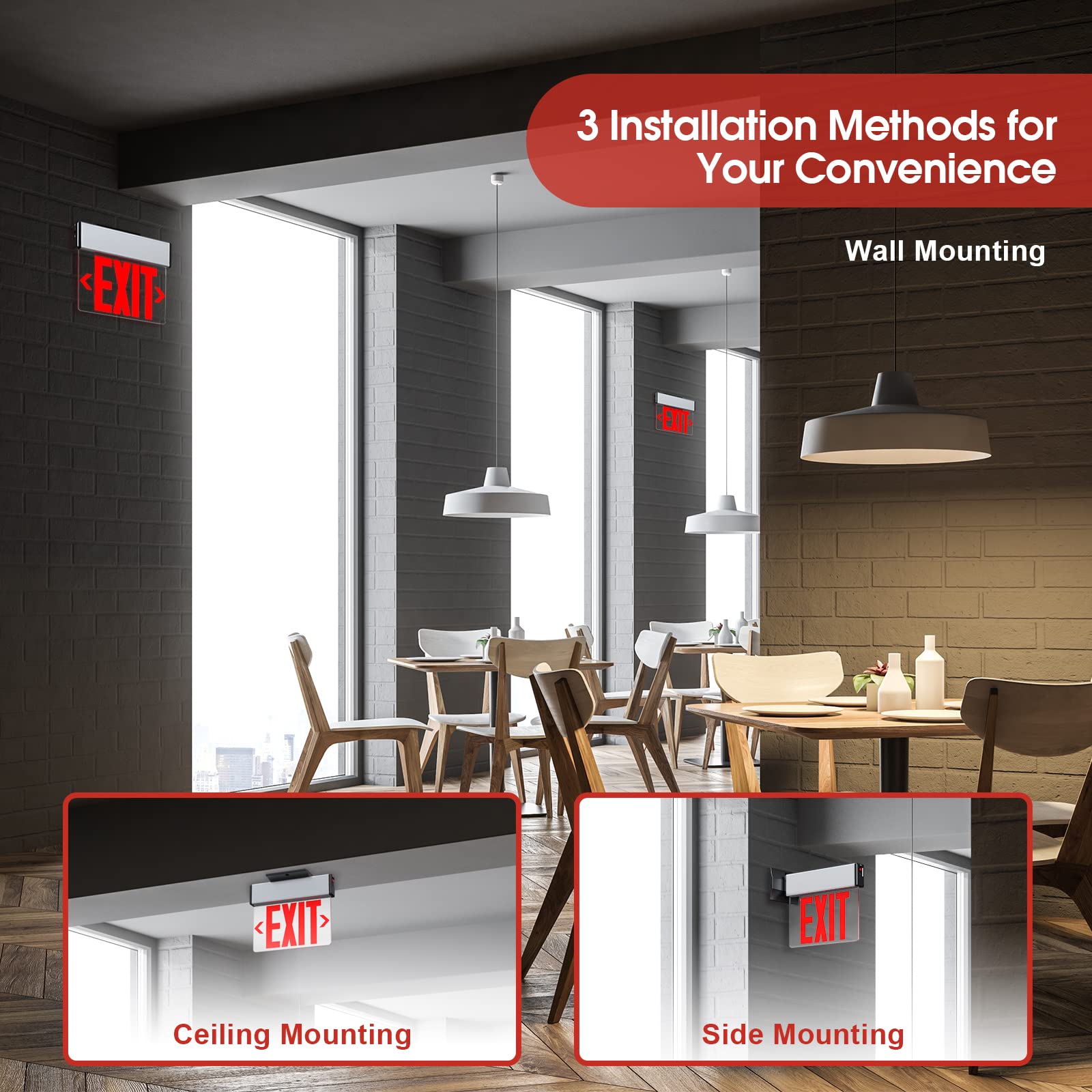 LED Edge Lit Exit Sign Aluminum Housing AC 120-347V Emergency Exit Light with Battery Backup Double Sided Acrylic Mirrored Panel Commercial Exit Signs, Top/Side/Wall Mount, UL Certified (Red, 1 Pack)