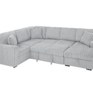 DEINPPA 122 Inch Sleeper Sofa Couch with Pullout Bed, Chunky Furry Corduroy Sectional Sofa with Storage Chaise and Charging Ports, Large Sectional Couches for Living Room-Grey