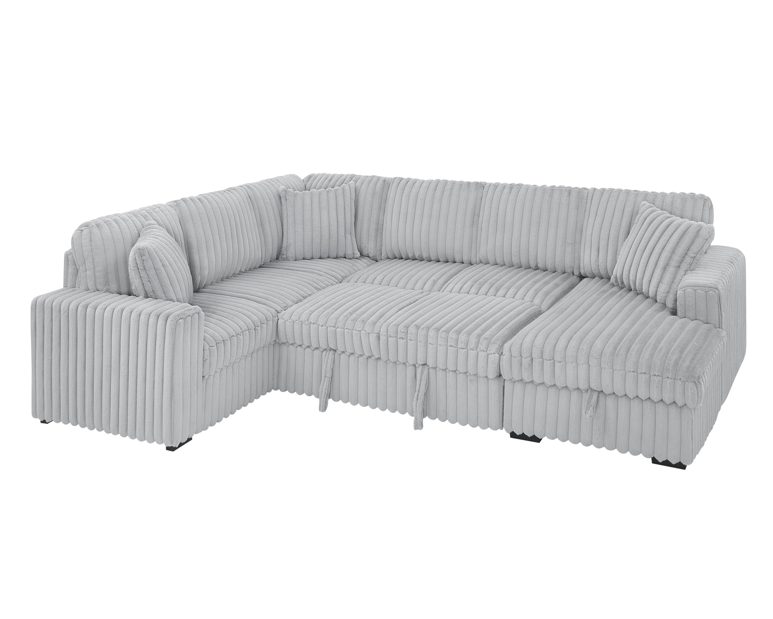 DEINPPA 122 Inch Sleeper Sofa Couch with Pullout Bed, Chunky Furry Corduroy Sectional Sofa with Storage Chaise and Charging Ports, Large Sectional Couches for Living Room-Grey