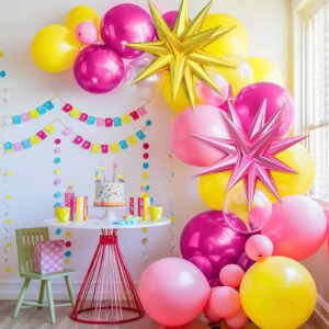 Hot Pink Yellow Balloon Arch Kit, Yellow Pink Clear Balloon Garland Kit with Large Pink Gold Star Foil Balloons, for Baby Shower Butterfly Fiesta Princess Birthday Wedding Bridal Party Decorations