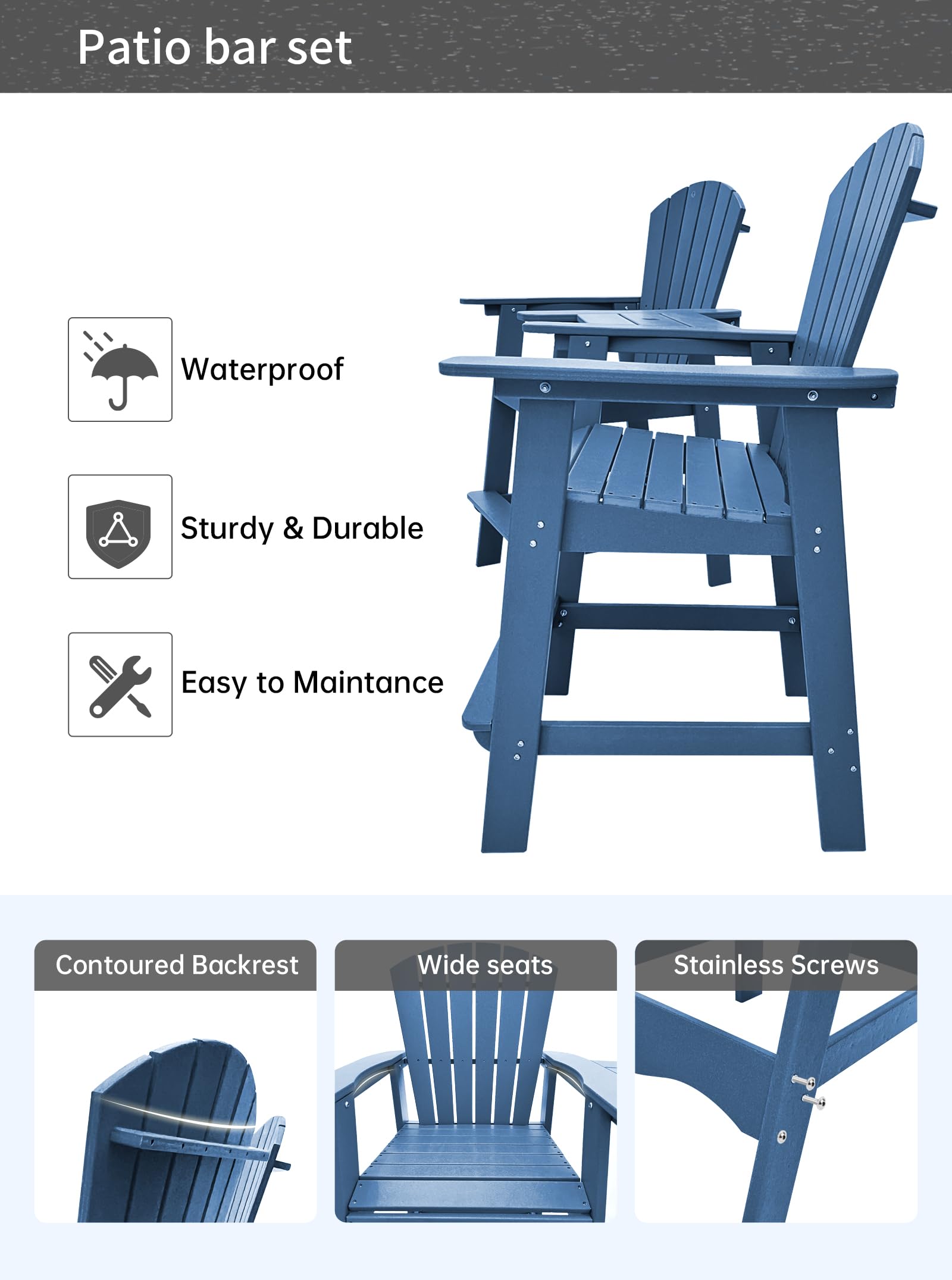 Aoorun 51.9''Poly Patio Chairs bar Height，high Outdoor Chairs Table hdpe, Tall Adirondack Set for 2 (30.7" D x 27.9" W) - Navy Blue