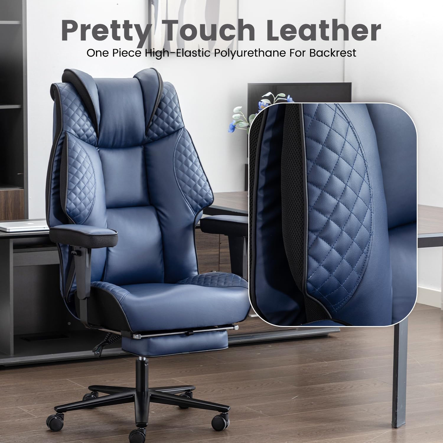 Big and Tall Office Chair 400lbs, High Back Leather Office Chair with Foot Rest, Heavy Duty Executive Office Chair Adjustable Arm Rest,Ergonomic Chair Lumbar Support with Wheels (Navy Blue)