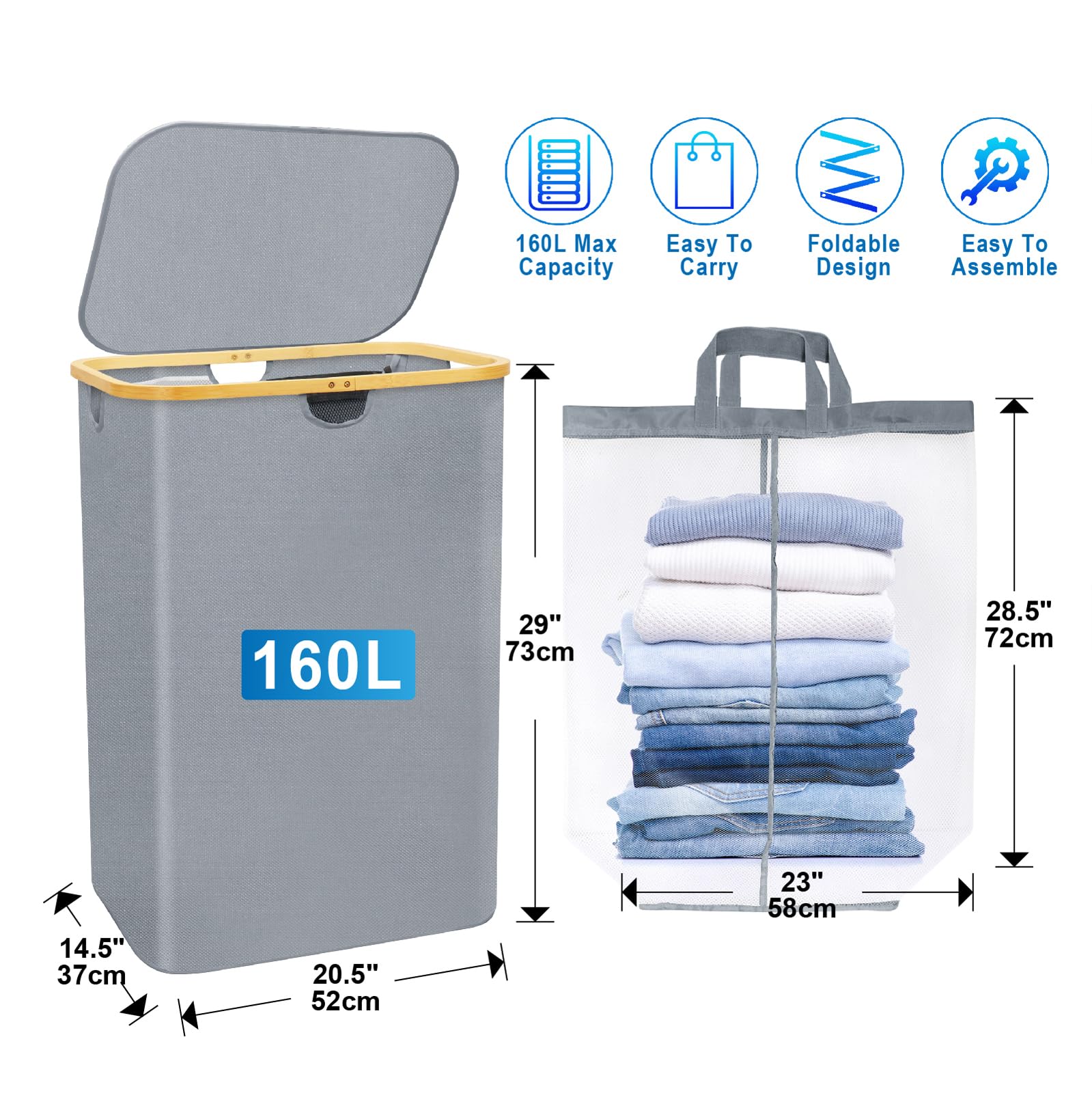 RICOJYCX 160L Double Laundry Hamper with lid, 2 section Extra Large Bamboo Laundry Hamper, Dirty Clothes Hamper with Removable Bags for Laundry Room, Bedroom, Bathroom, Dorm, Living Room, Grey