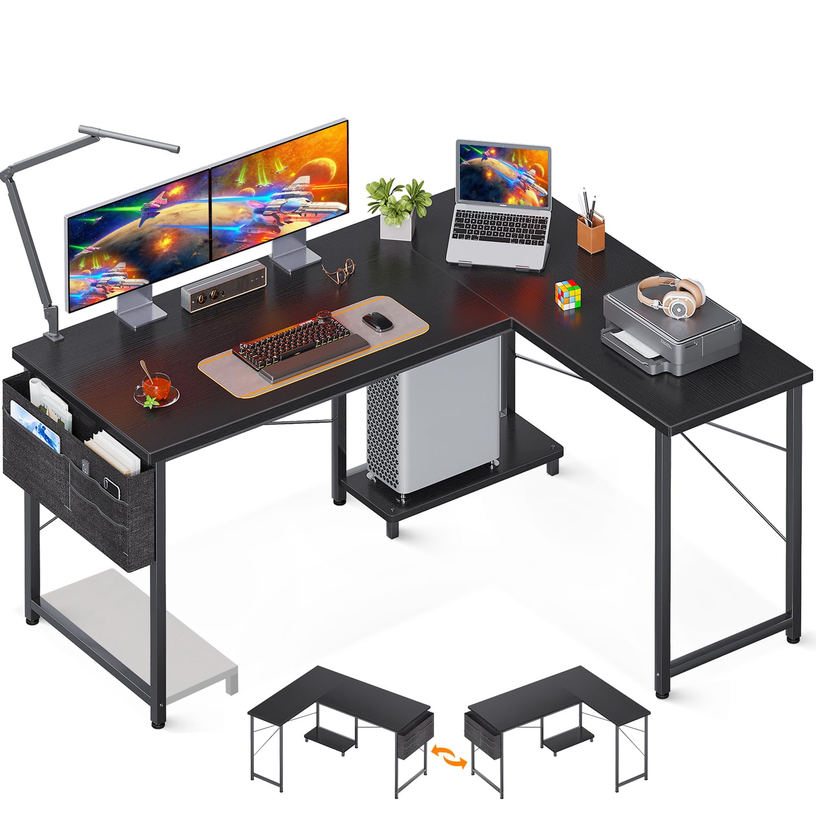 Casaottima 50 inch L Shaped Desk, Computer Desk with Removable PC Stand, Reversible Home Office Desk with Storage Bag for Gaming Writing, Corner Desk for Bedroom, Small Space, Black