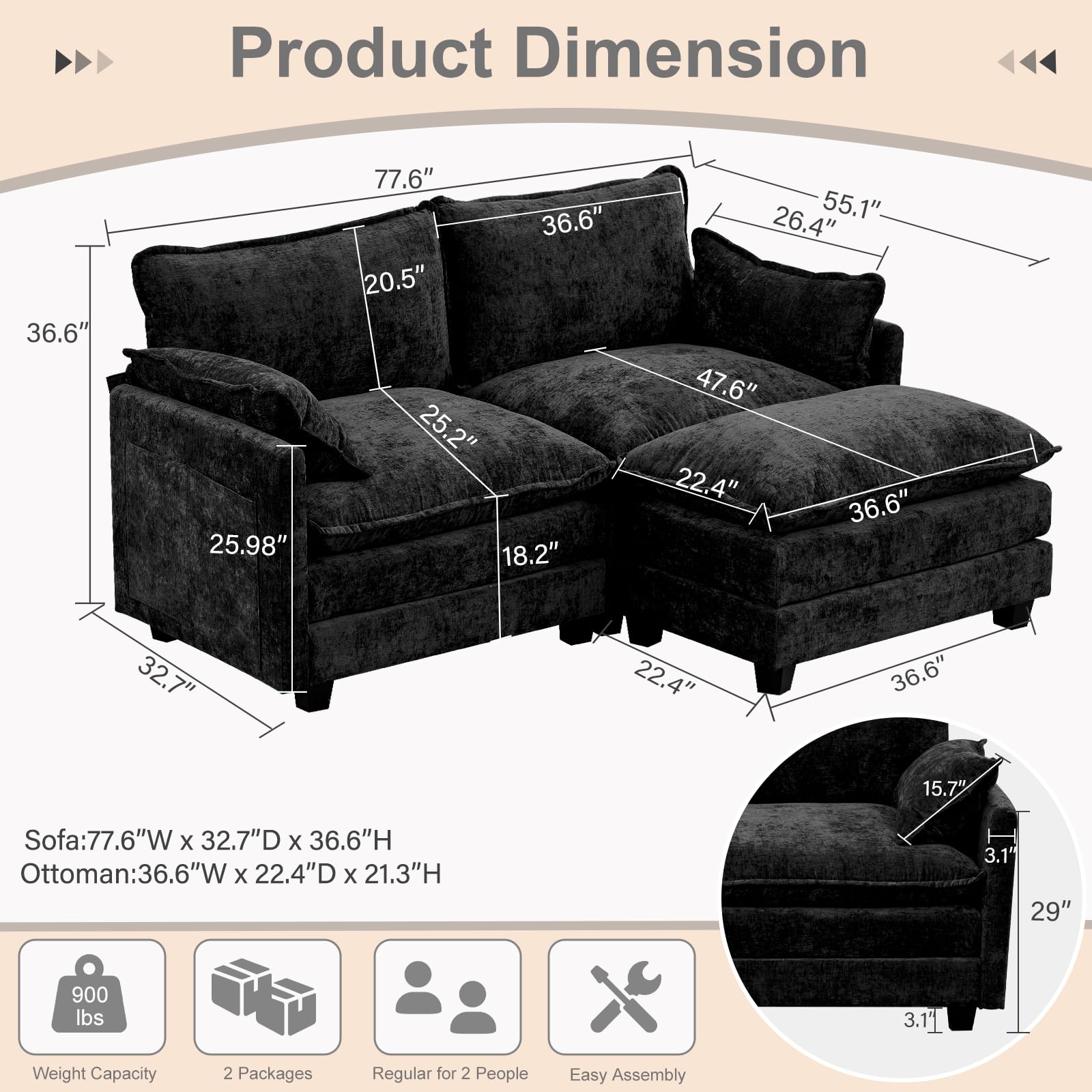 77.6" Sectional Sofa Cloud Couch with Ottoman, Comfy Deep Seat Sofa L Shaped Couch Modern Chenille Sofa Sleeper 2-Seat Loveseat Sectional Sofa Couch for Living Room Apartment, Black Sofa Couch